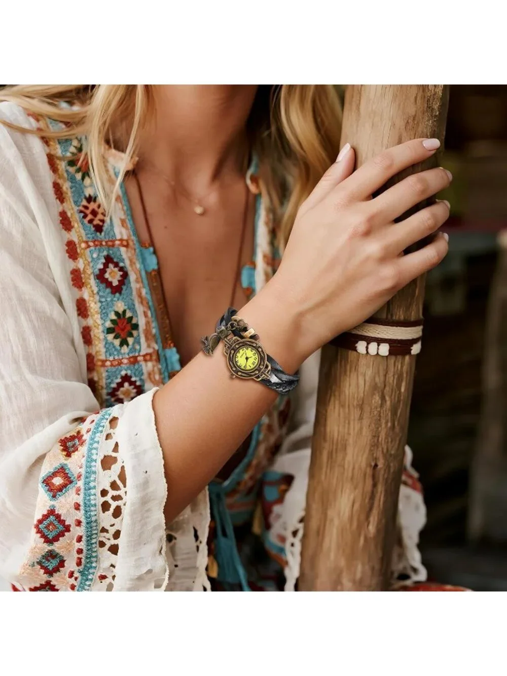 Women's Black Analog Quartz Owl Bracelet Weave Wrap Around Leather Wrist Watch